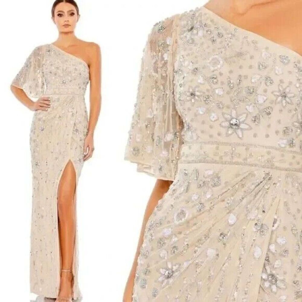 Mac Duggal 93635 Embellished One Shoulder Draped Gown NUDE SZ 8 $698 NEW